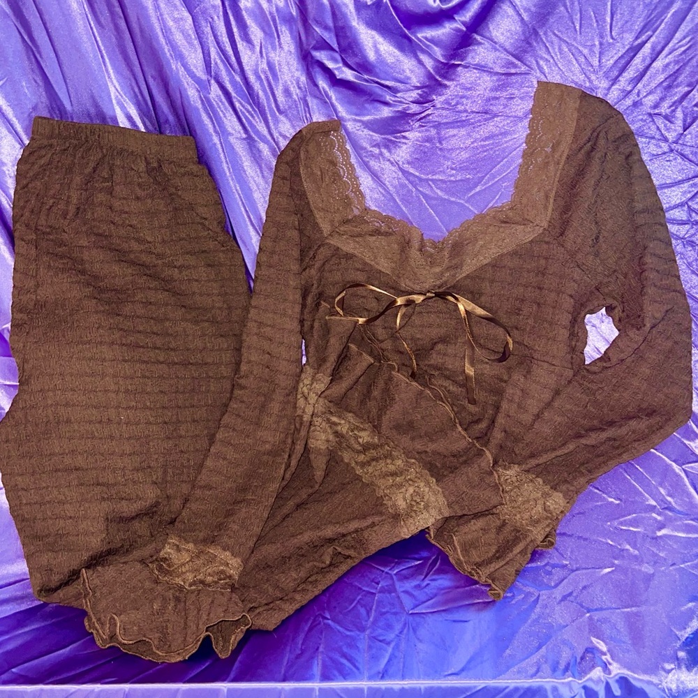 Elegant Brown Lace Trim Sleepwear Two-Piece Set Women’s S Loungewear Holiday Fit